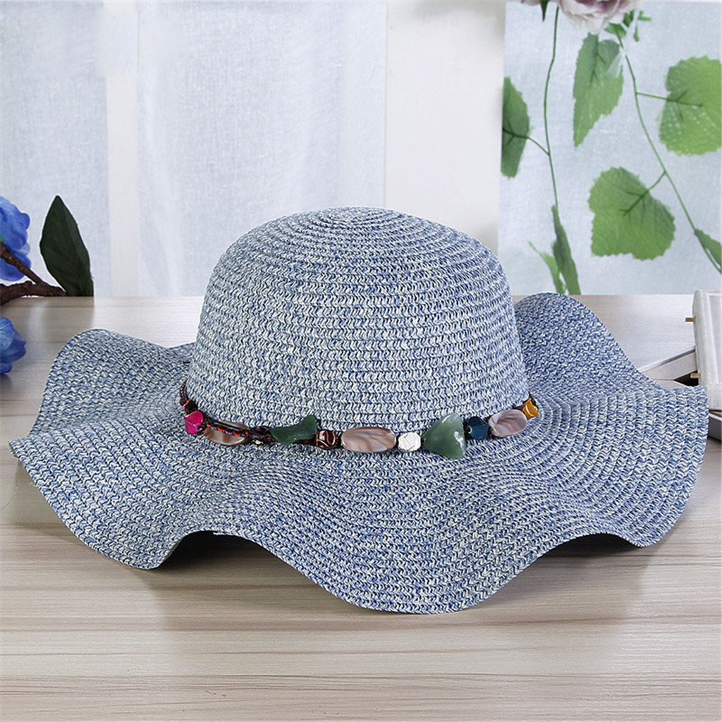 Women Big Wide Brim Straw Hat Colorful Stone Beach Sun Foldable Cap