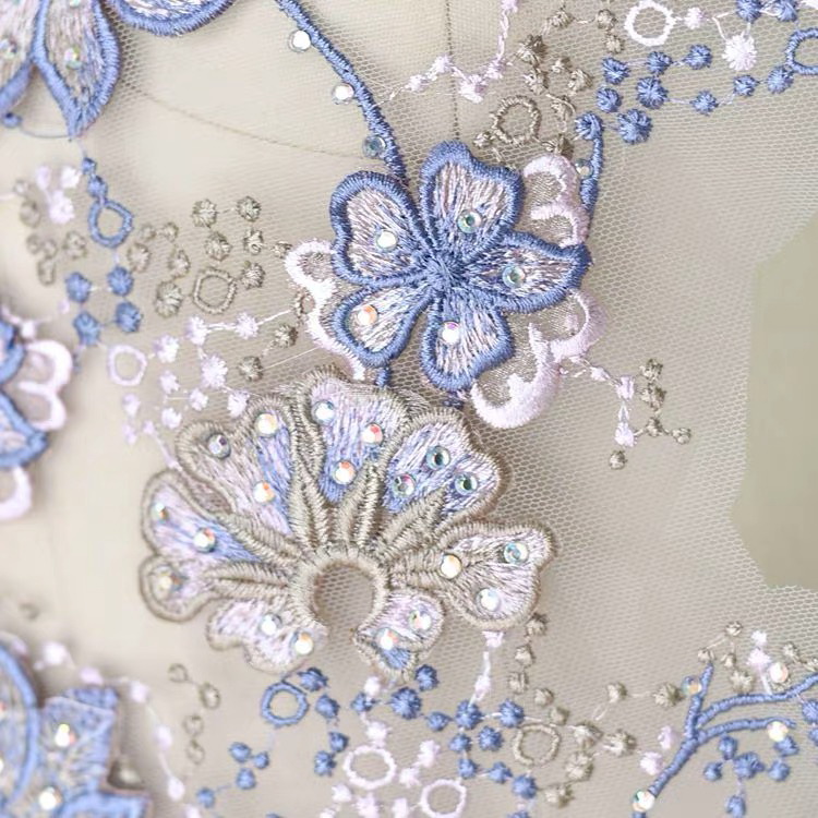 Kleur 3D Bloem Bead Rhinestone Mesh Gaas Borduurwerk Kant Jurk Doek Patch Patch Kleding Reparatie Trouwjurk Patch: blue