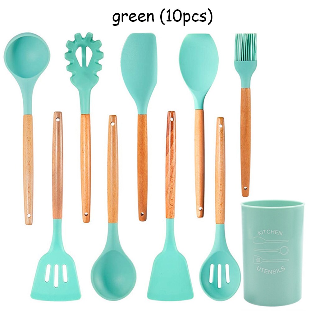 Silicone Kitchenware Cooking Utensils Set Heat Resistant Kitchen Non-Stick Cooking Utensils Baking Tools With Storage Box: green  10PCS