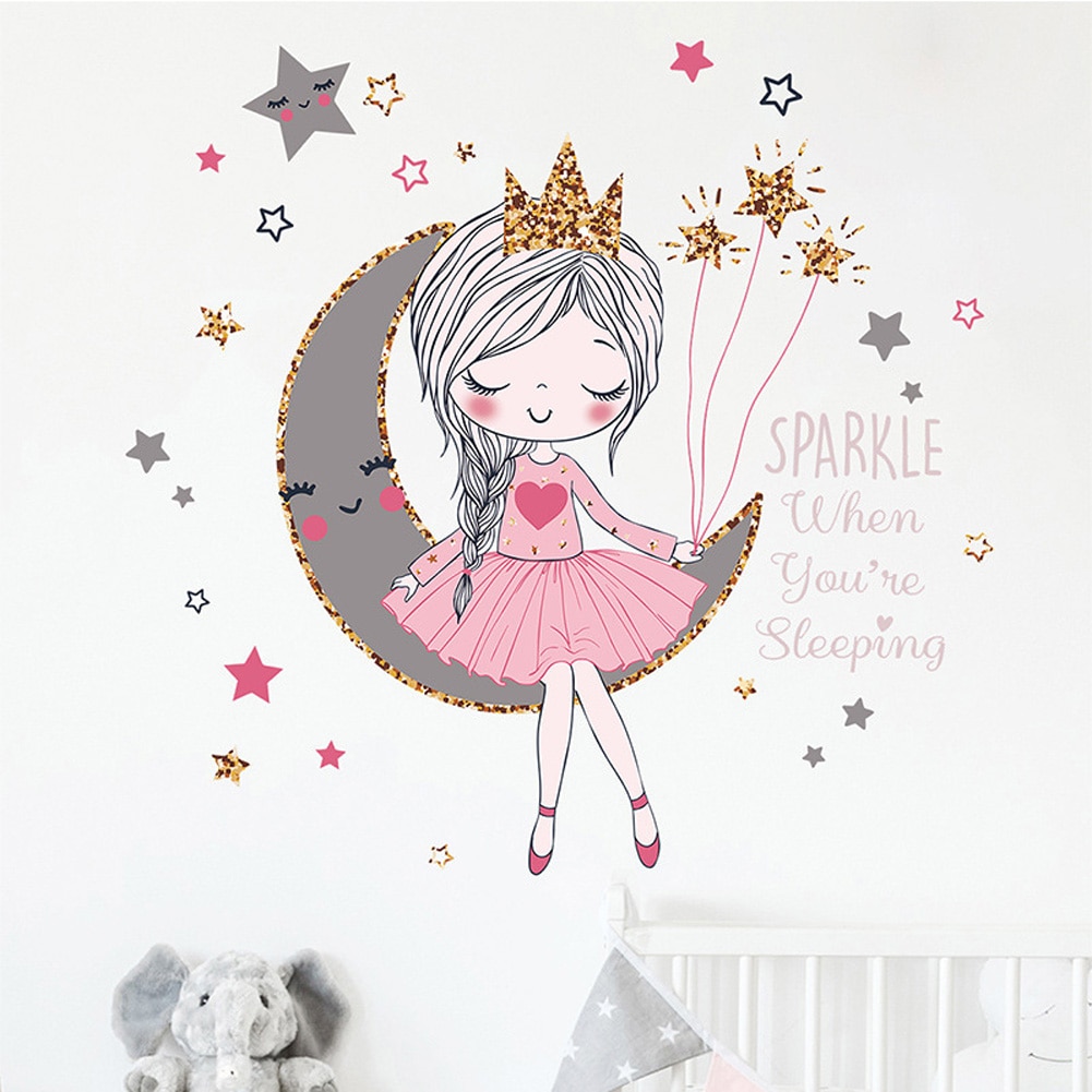 Prinsesse på månen wallsticker pigeværelse soveværelse indretning tapet stue til boligindretning smukke tegnefilm klistermærker