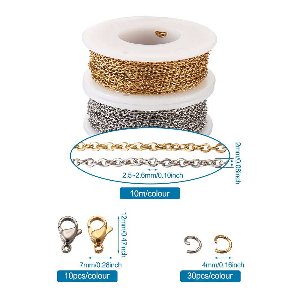 pandahall DIY Stainless Steel Chain Necklaces Bracelets Making Kits with Cable Chains Lobster Claw Jump Rings Chain: 20m/set: Default Title