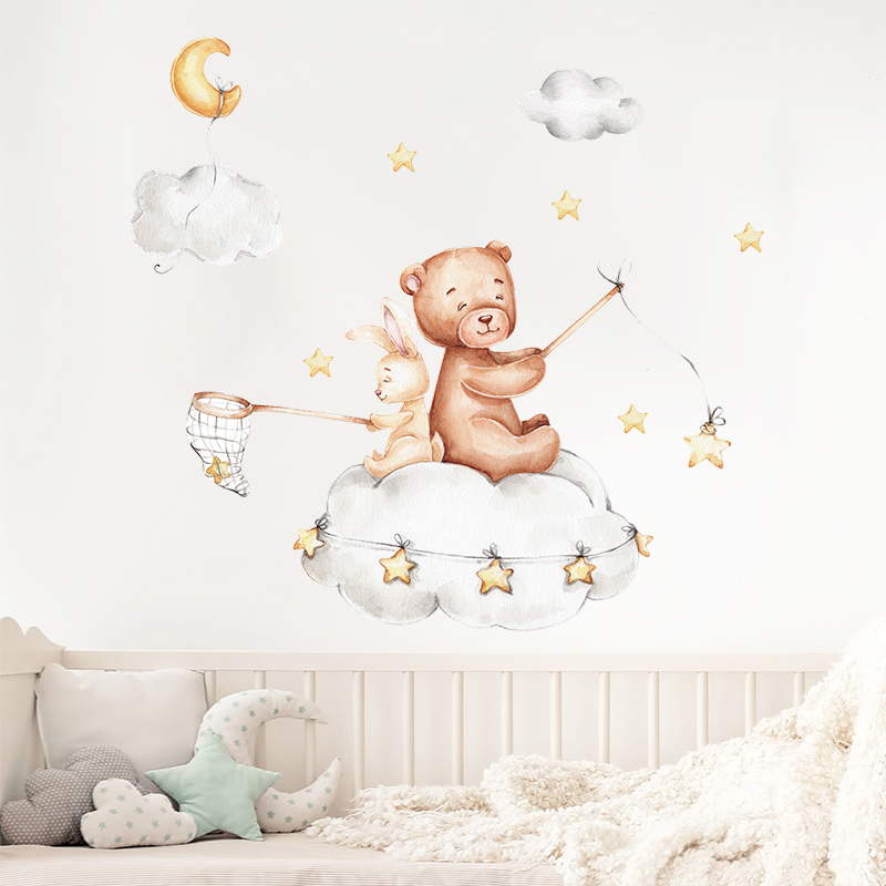 Uroczy niedźwiadek animowany Bunny naklejki na ścianę gwiazda księżyc na pokoje dla dzieci pokój dziecięcy tapeta z dekorem dziewczyny chłopcy sypialnia przedszkole naklejka