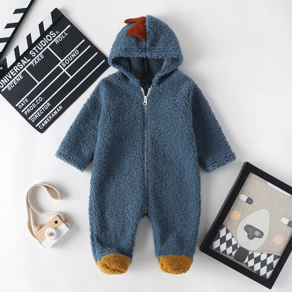 Herfst Winter Pasgeboren Baby Dikke Coral Fleece Footies Dinosaurus Lange Mouwen Hooded Jumpsuit Meisjes Jongens Warme Klim Kleding