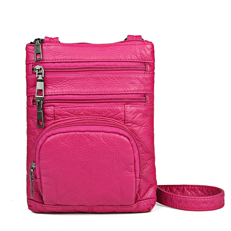 Sacos crossbody para as mulheres do vintage messenger bags meninas multi-bolso bolsas de ombro sacos de telefone de couro lavado pacotes rosa vermelha: Rosa quente