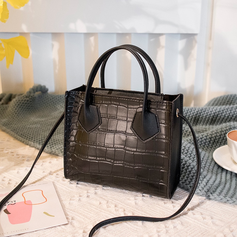Krokodille crossbody håndvesker pu veske kvinner årgang klassisk fast skulderveske dame liten trend veske: Svart