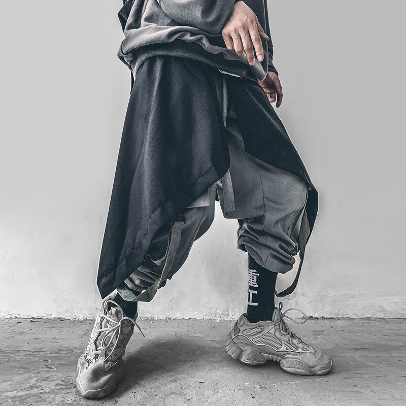Hommes irrégulière punk hip hop jupe pantalon noir plissé tablier hommes harajuku discothèque DJ chanteur scène vêtements gothique SA-8