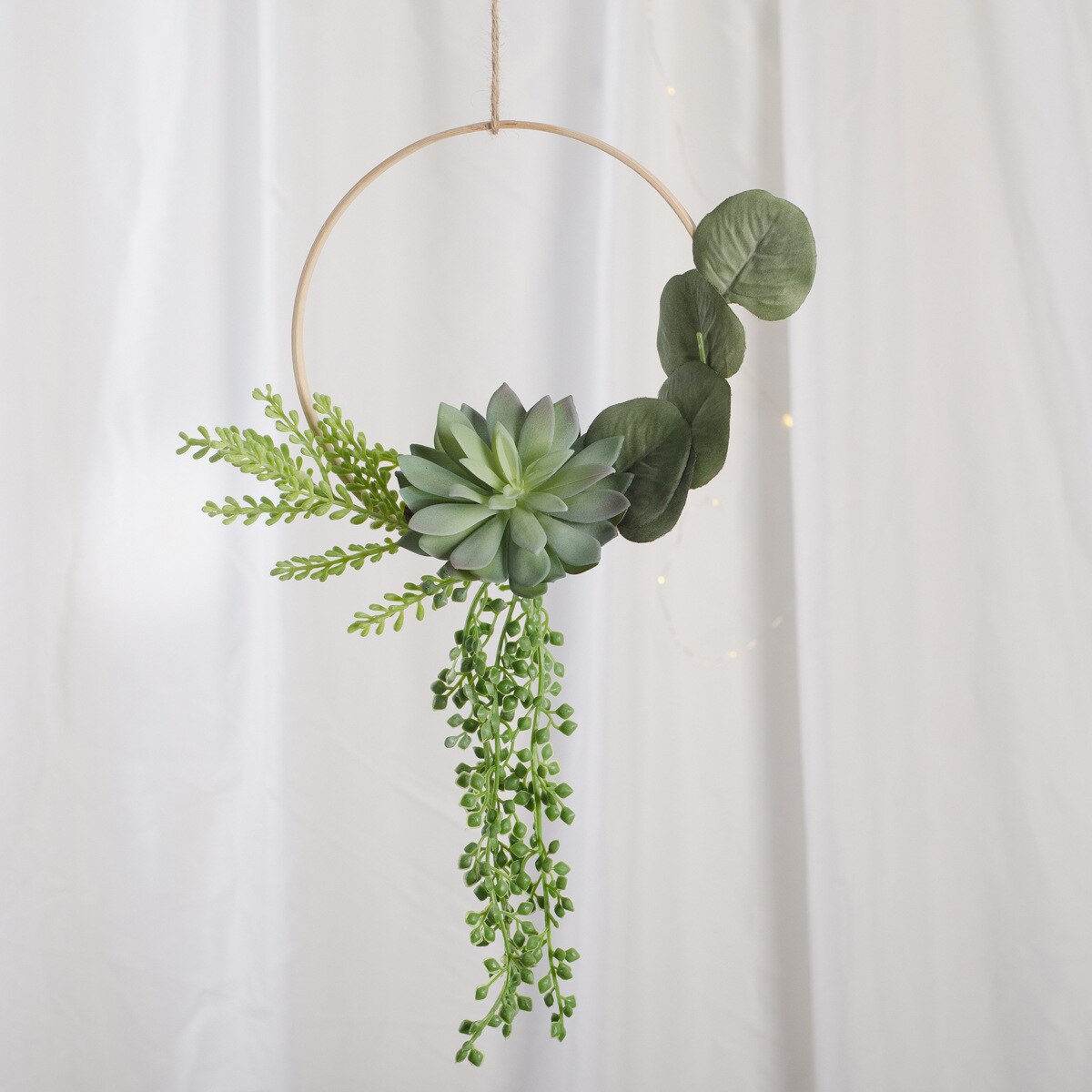 Cilected Artificial Succulent Hanging Plants Decor Wedding Wreath With Drooping Leaves Bamboo Hoop Garland For Wall Decoration: Color8