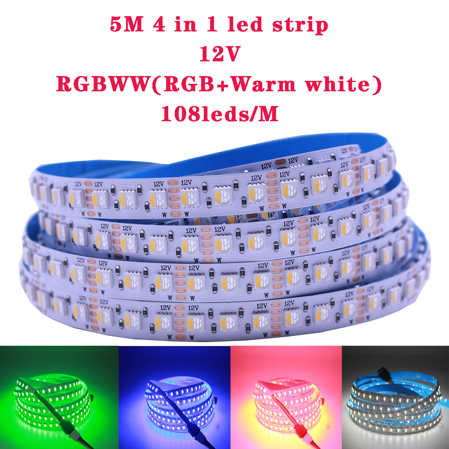 12V 24V SMD5050 RGBW RGBWW tira de LED RGB blanco cálido 4 en 1 Chip LED, 60 120 108LED/M IP20 IP65 IP67 cinta LED impermeable