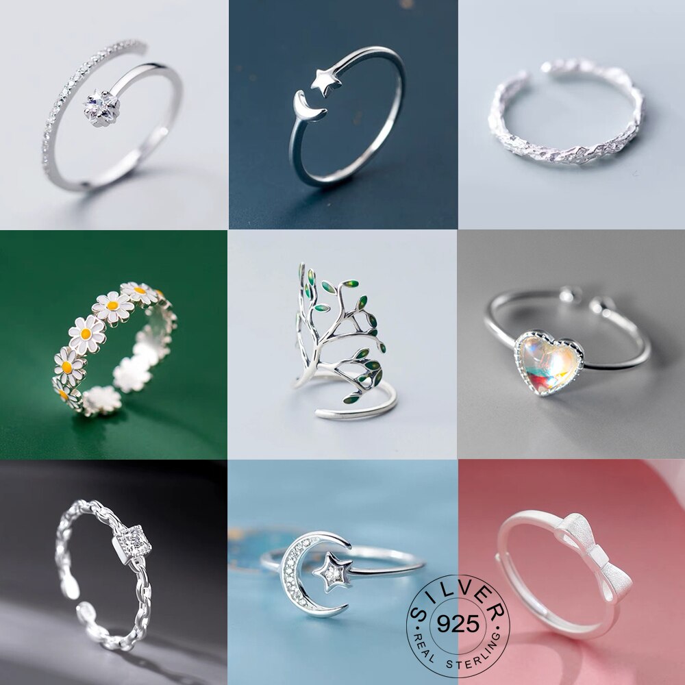 Vintage 925 liść ze srebra najwyższej próby księżyc pierścienie dla kobiet Trendy biżuteria ślubna duże regulowane antyczne pierścienie Anillos