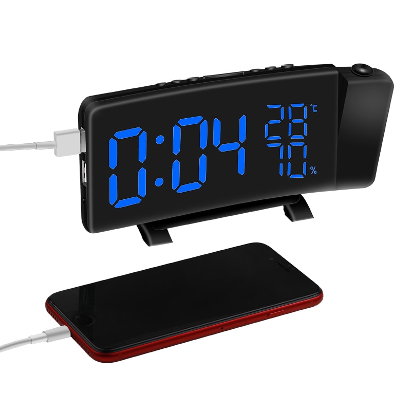 1*Clock+1*Charging Cable USB Digital Alarm Clock Thermometer Hygrometer Projection FM Radio LED Display