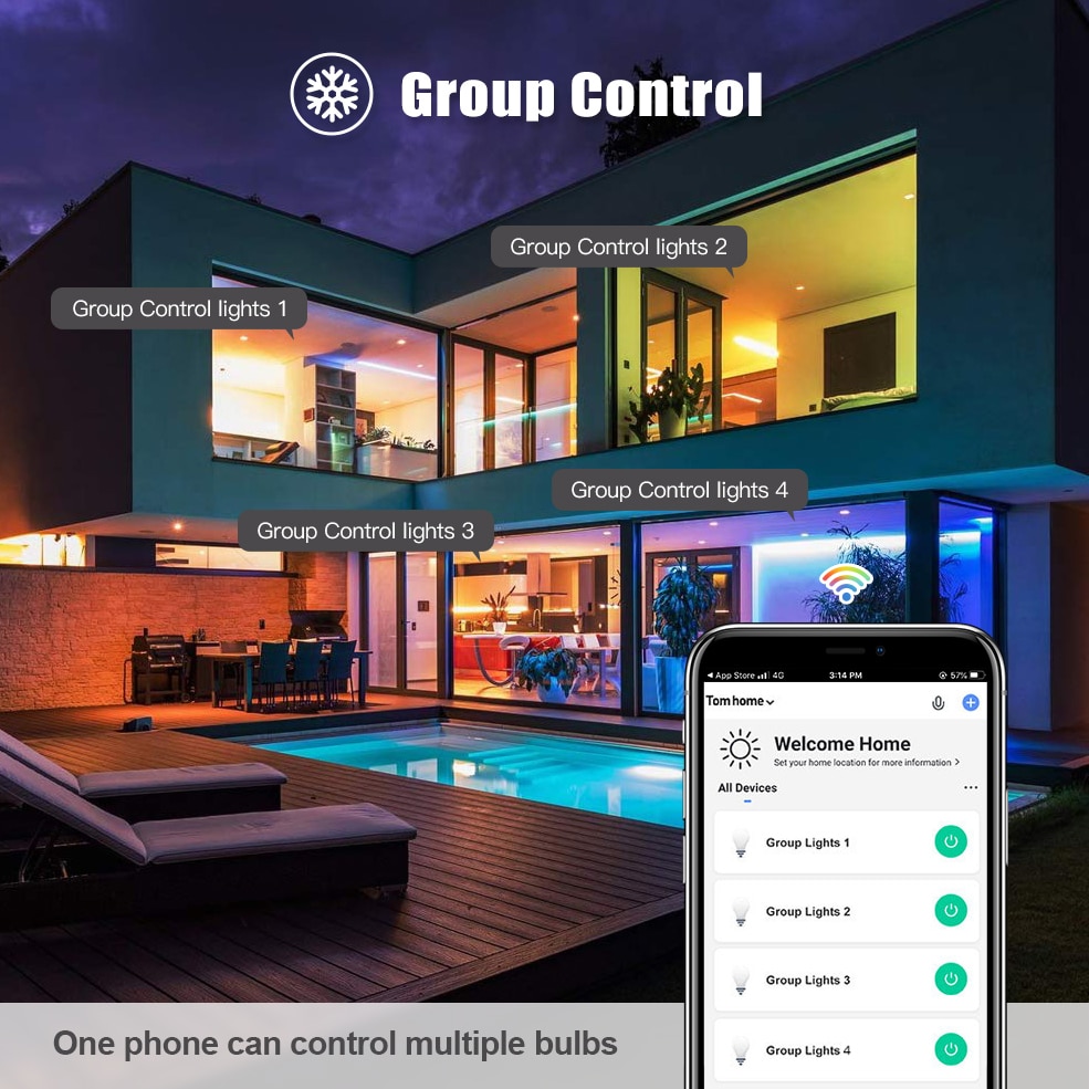 Wifi smart lyspære rgb + hvit + varm hvit  e27 led pære tuya smart life app dimbar stemmekontroll arbeid med alexa, google home