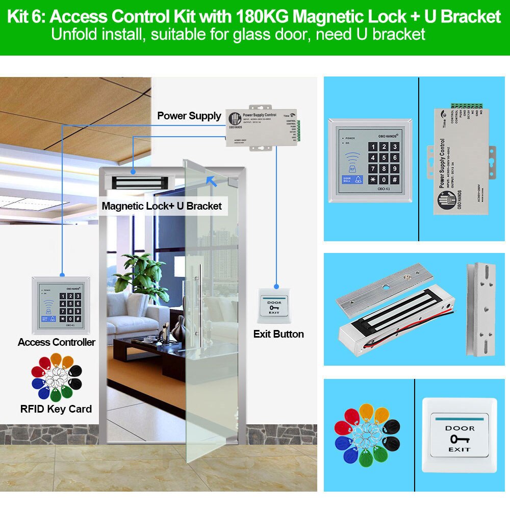 Full RFID Door Entry Access Control System Kit Set DC12V 1000 User 125KHz with Electric Magnetic Lock Strike Bolt Lock for Gate: Kit6 with U Bracket