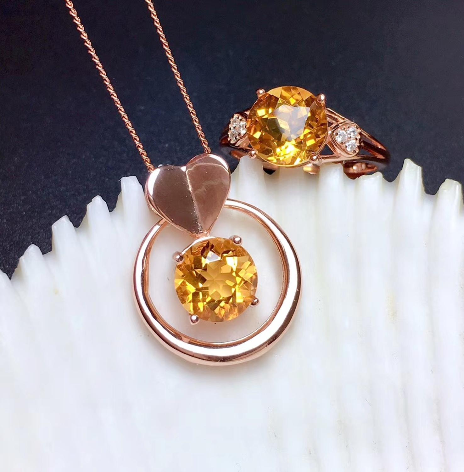 Di grande formato giallo citrino insieme dei monili tra cui anello della collana reale 925 argento festa di compleanno del regalo ornamento di colore giallo brillante