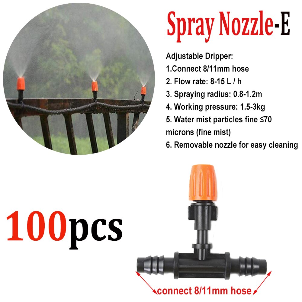 100pcs Spray Nozzle Farm Garden Micro Auto Drip Irrigation System Sprinkler Adjustable Atomizing Dripper Plant Self Watering: Nozzle-E-100PCS