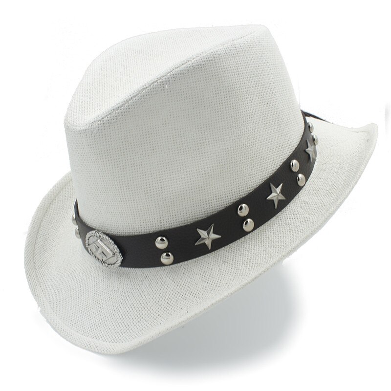 Naiset miehet olki western cowboy hattu kesäksi cowboy cowgirl aurinkohattu sombrero caps punk vyö hyvä pakkauskoko 58cm: Valkoinen
