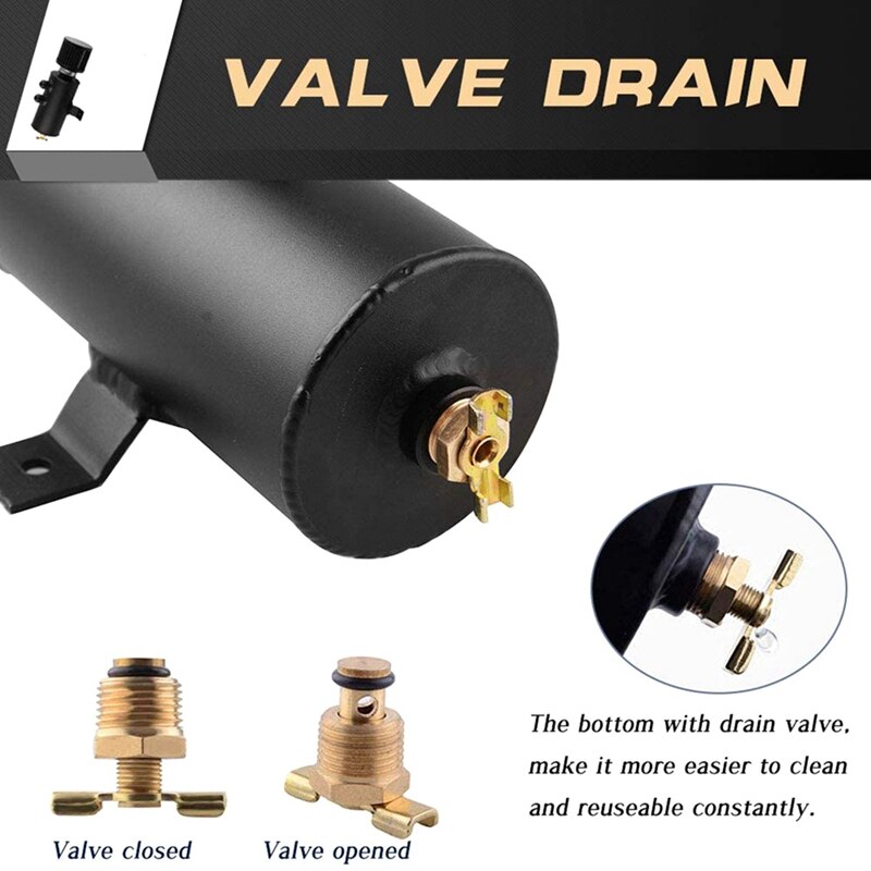 Universal 2-Port Aluminum Oil Catch Can with Drain Valve Breather Filter Compact Baffled Oil Catch Fuel Tank Part