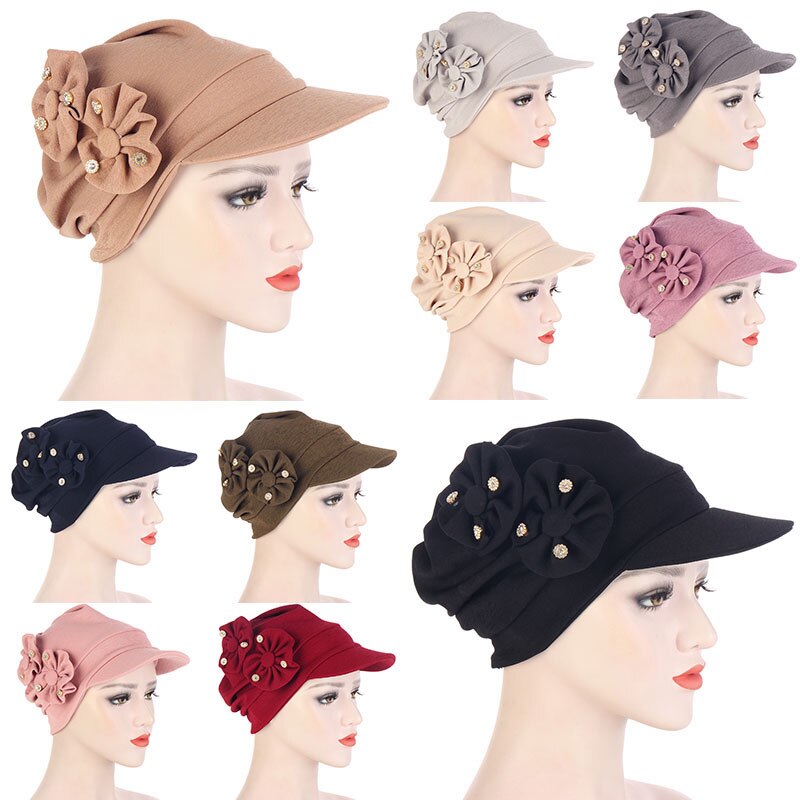 Muslim Turban Hijab Cap Women Turban Hat With Brim Flowers Head Wraps Solid Sun Protection Hats Lady Head Wear Turban