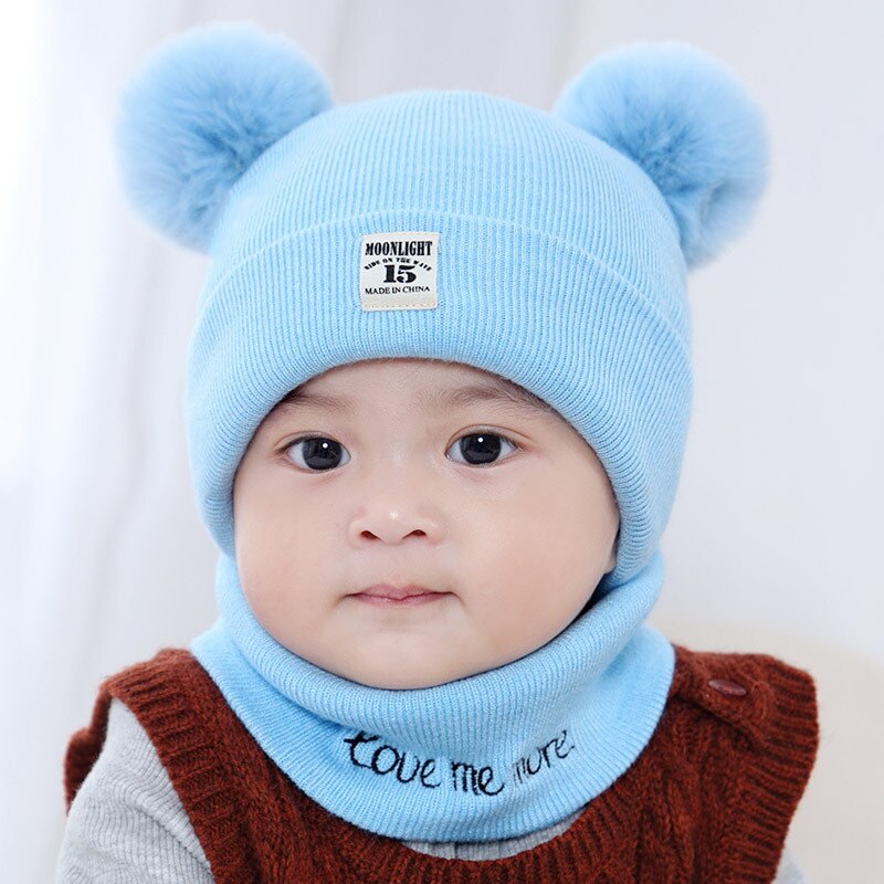 Herfst winter baby mutsen voor kinderen sjaal set pompom meisjes jongens mutsen mutsen kinderen pasgeboren muts: Hemelsblauw / Sjaal muts