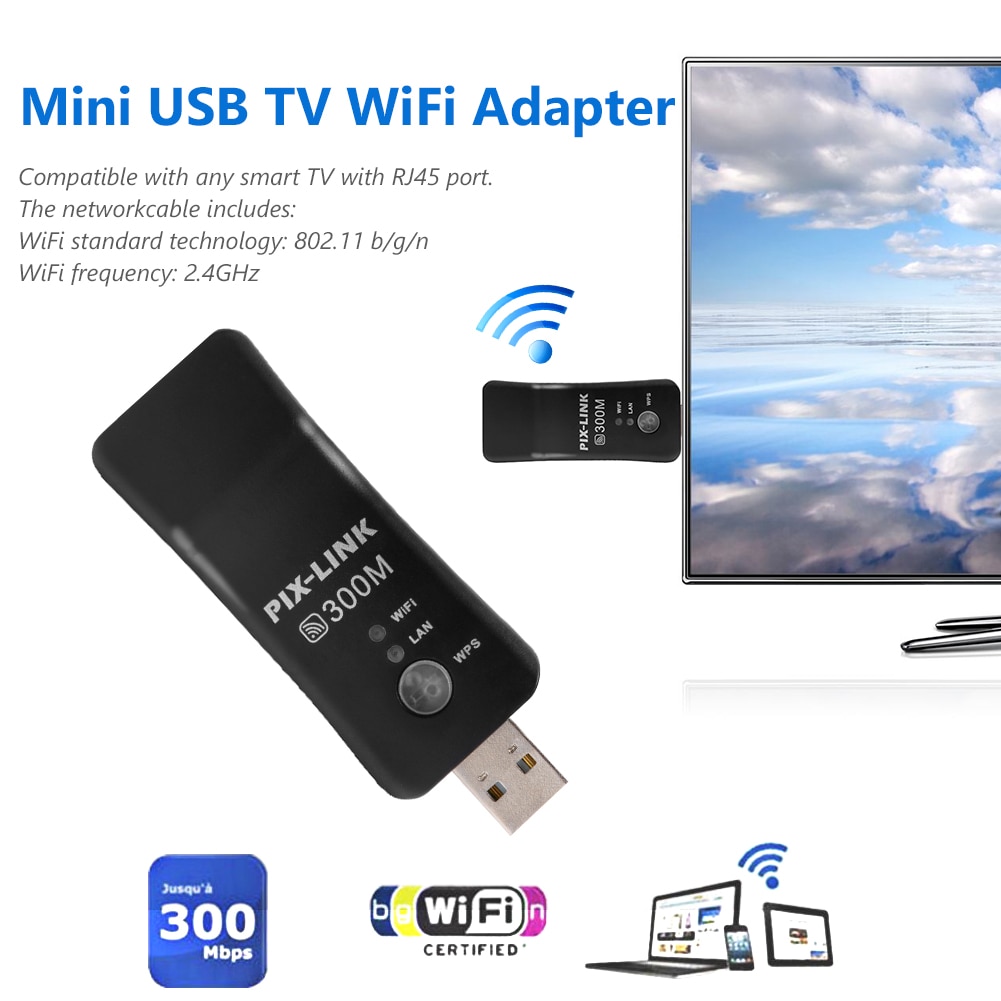 Usb tv wifi dongle adapter 300 mbps universal trådløs modtager  rj45 wps til samsung lg sony smart tv