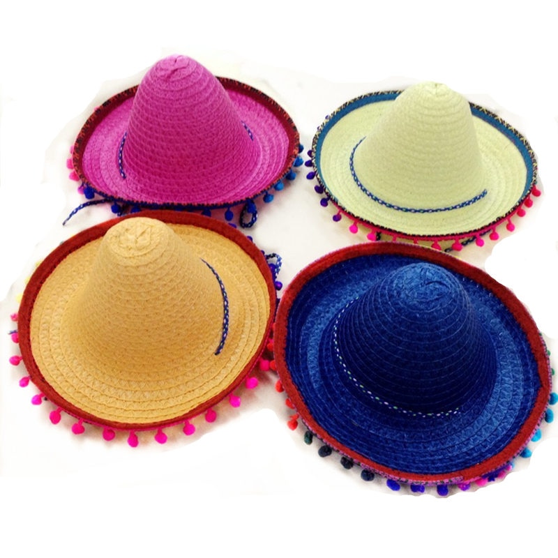 Mexican Sombrero For Children Kids Show Straw Hats Dance Props Pompom Party Hat 6Pcs/lot