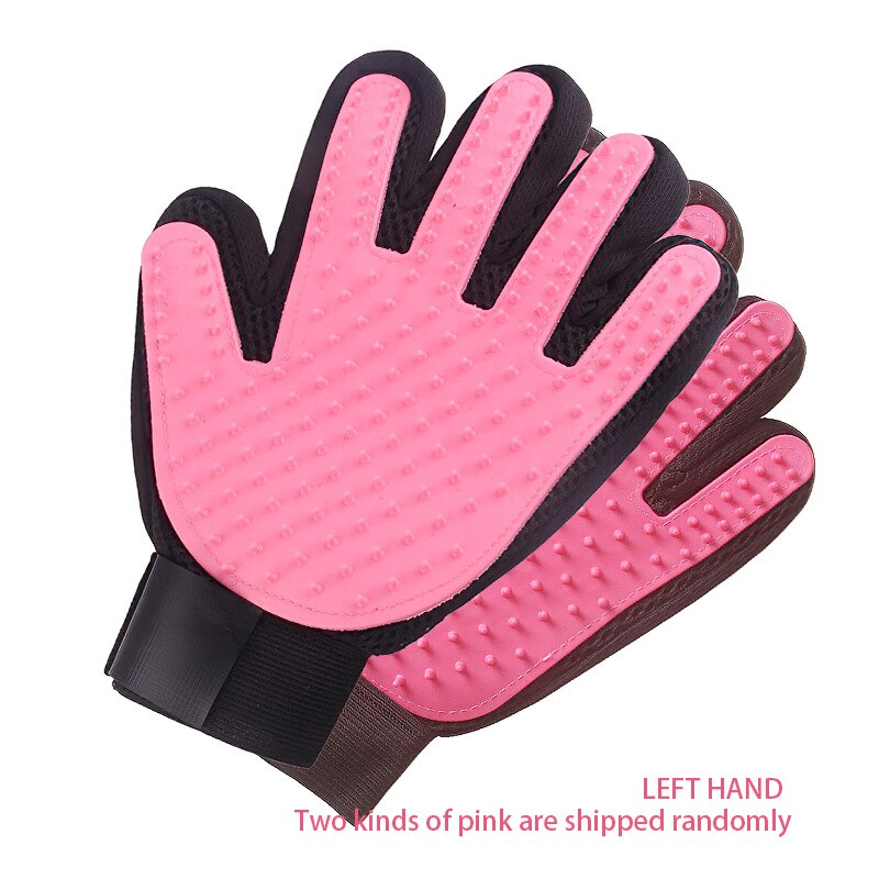 Guantes de baño para perros y mascotas, cepillo de silicona para gatos, peine para pelo, suministros de limpieza para baño de perros, peine para animales: Pink Left