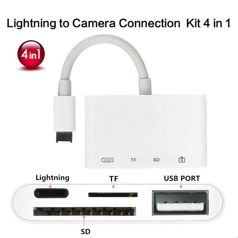 4 In 1 Lightning To USB Camera Adapter SD/TF Card Reader Kit for IphoneX XS 8/7 Ipad USB 3.0 OTG Cable 8 Pin Charging Port