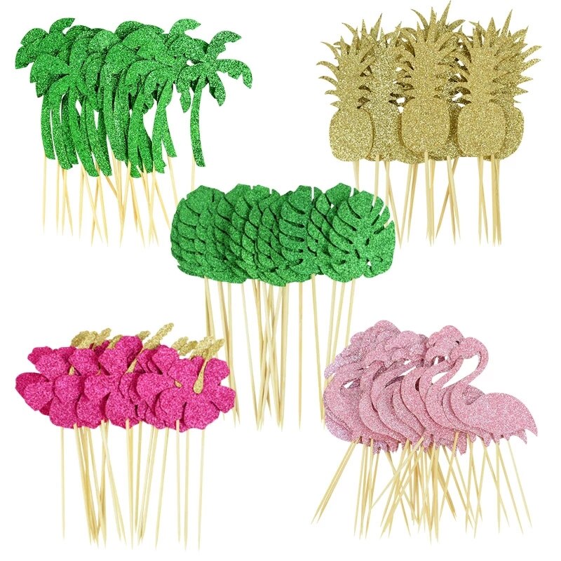 10/12Pcs Tropical Hawaii Party Green Leaf Cake Topper Flower Flamingo Cupcake Topper For Summer Jungle Birthday Party Cake Decor