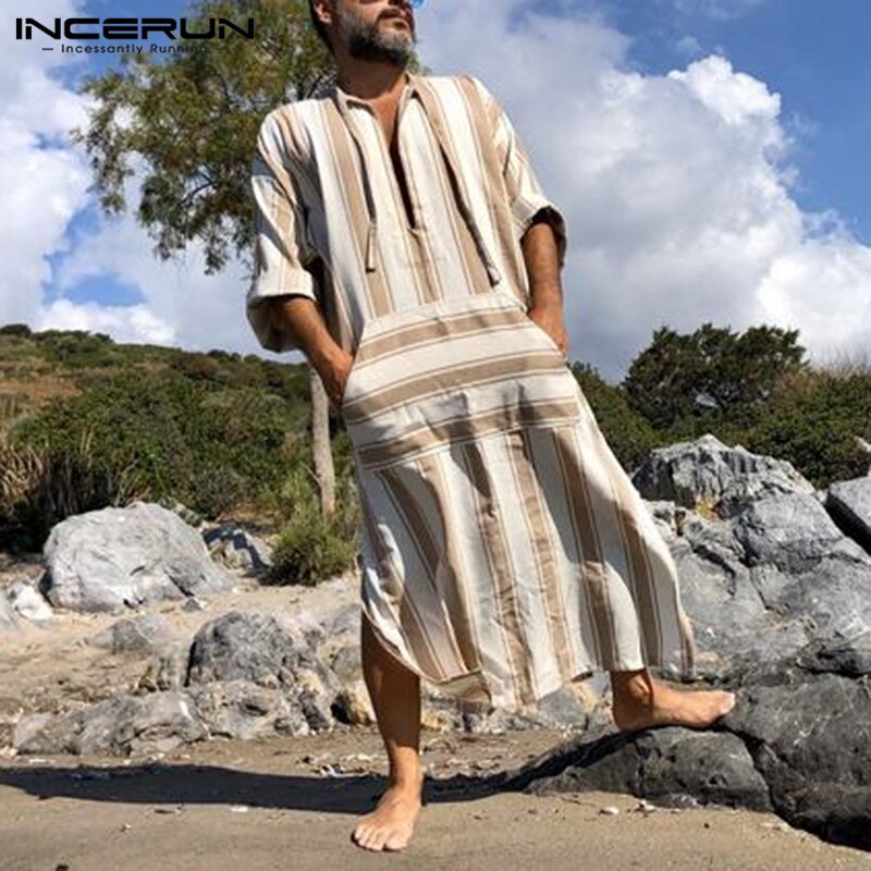 Incerun heren islamitische jubba thobe gestreepte vetersluiting losse lange mouwen gewaad zakken midden-oosten dubai kaftan heren islamitische arabische kaftan