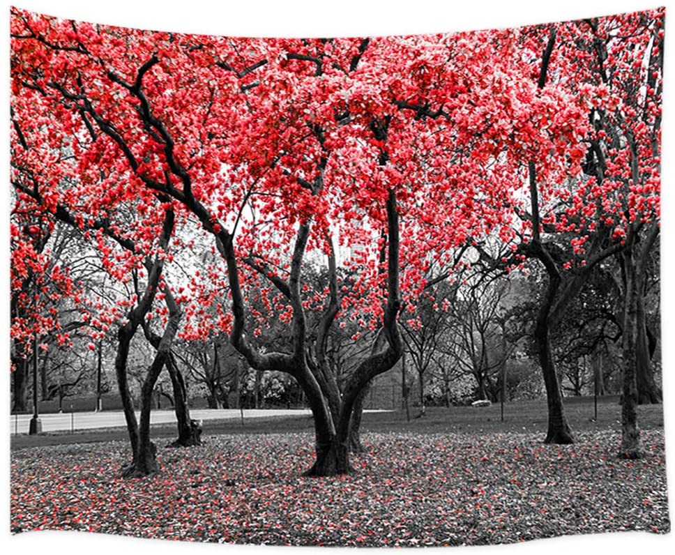 Sakura Red Black Flower Trees Blossom Parks Cherry Blossom Fantasy Woodland Landscape Tapestry Wall Hanging