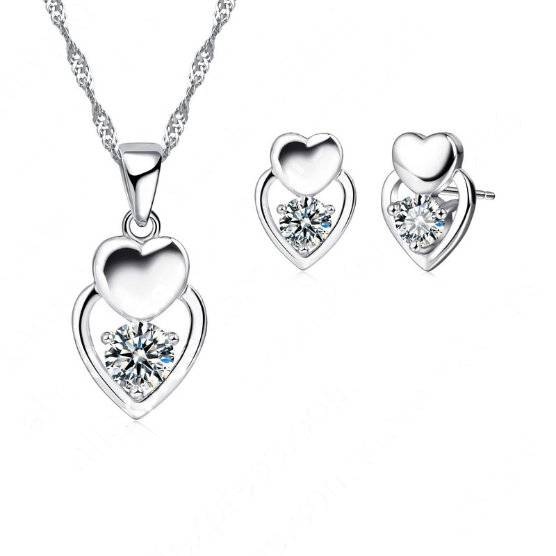 Ensemble de bijoux en argent Sterling 925 pour filles, boucles d'oreilles rondes en Zircon AAA, pendentif Double cœur, pour femmes