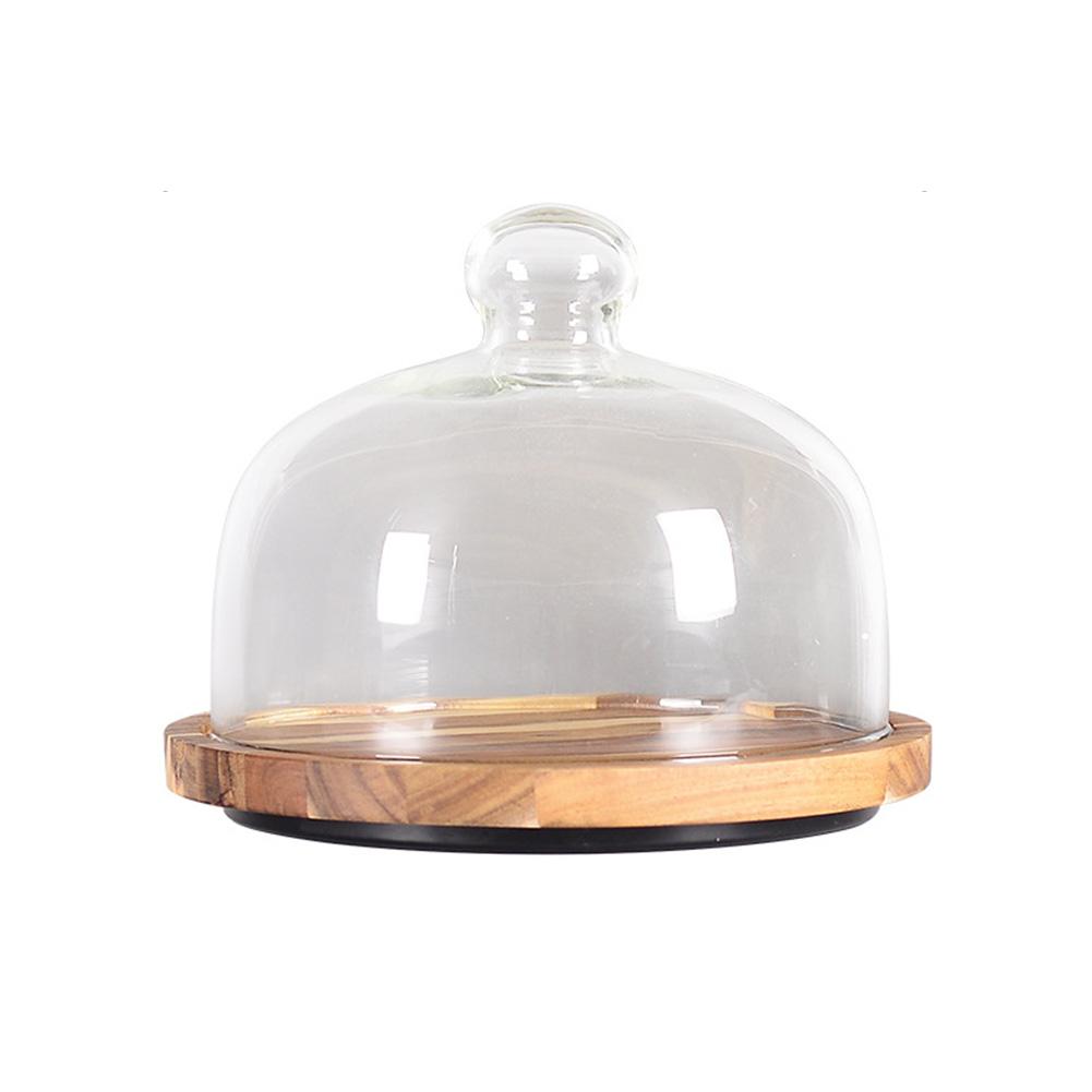 Plaque à gâteau avec dôme en verre plateau à gâteau en bois avec couvercle pour la cuisine à la maison cuisson bois d'acacia