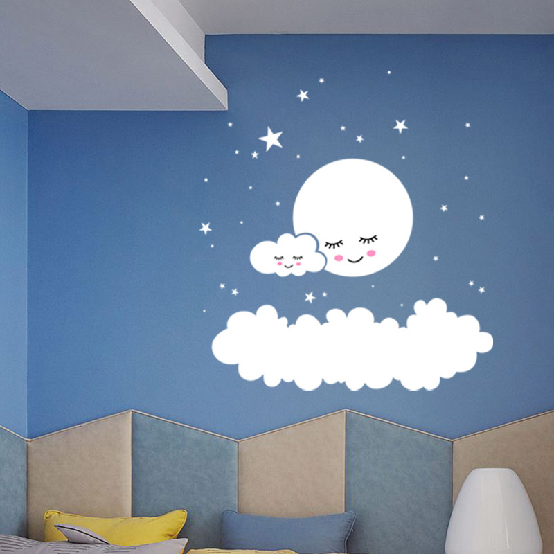 MURAL de estrellas de Luna, pegatina artística de pared DIY, papel tapiz de nubes para dormitorio infantil, calcomanías de pared para niños, niñas, bebés, decoración del hogar