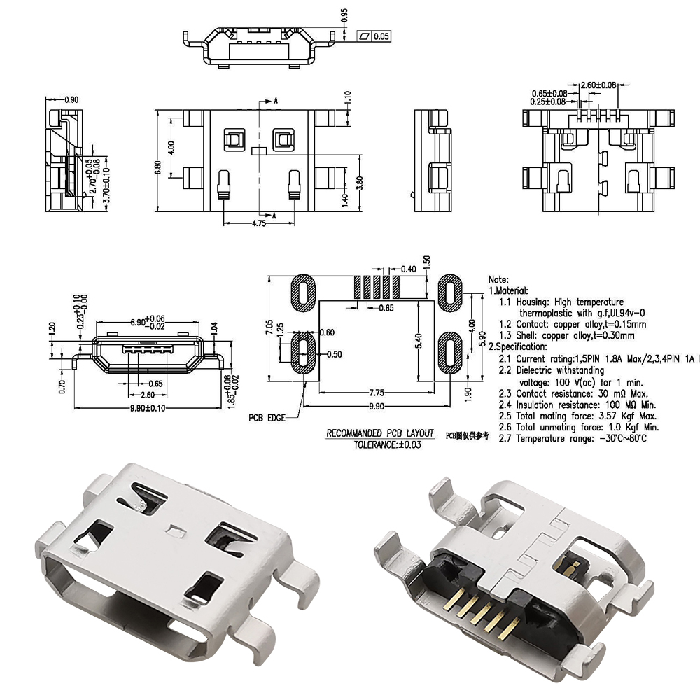 10 Stuks Micro Usb Vrouwelijke Socket Adapter 5 Pin 0.8Mm Usb Type B Jack Opladen Interface Solderen Type Connector Diy Reparatie
