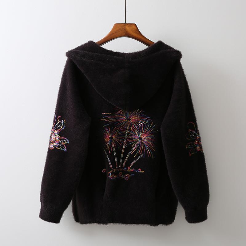 Vrouwen Jas Met Imitatie Nerts Fluwelen Jassen Korte Herfst En Winter Bloemen Mmbroidery Fluwelen Gebreid Vest Dikke: Black / M