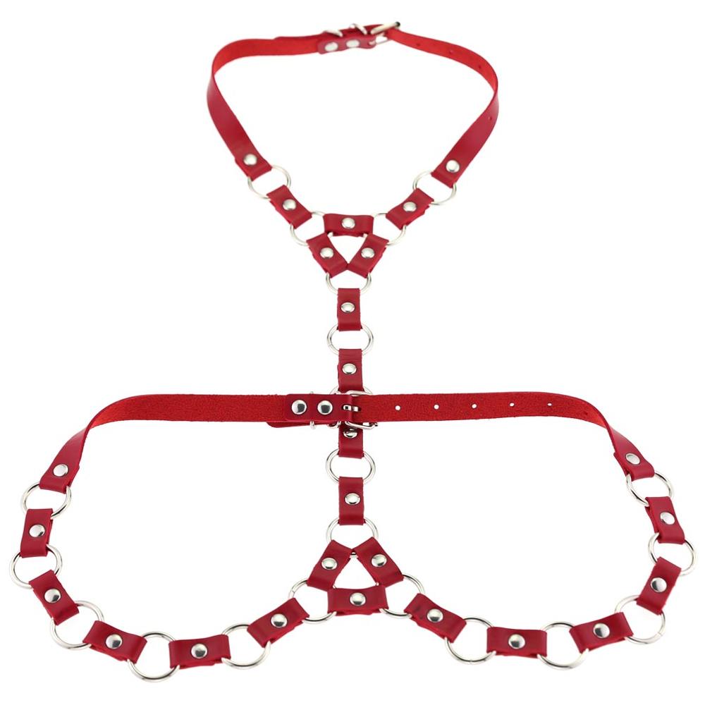 Mode Punk PU Lederen Harnas Body Met O-Ring Choker Bondage Taille Riemen: red