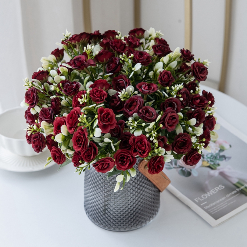 5 fork 15Head Silk Rose For Wedding arch Christmas Wreath Decoration Home Living Room bonsai Photography prop Artificial Flowers