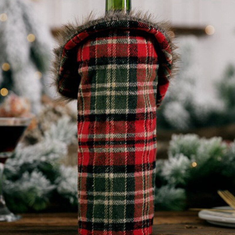 6 Stuks Kerst Trui Wijnfles Covers Plaid Wijnfles Kleren Linnen Wijnfles Jurk Met Faux Bontkraag