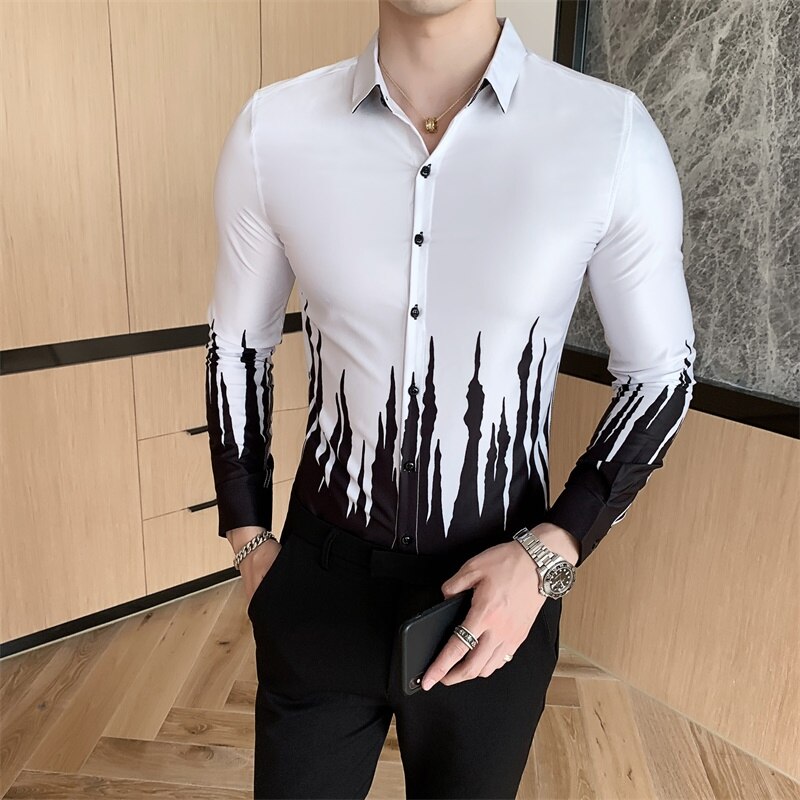 Britisk stil blomsterskjorte herremerke våren lange ermer herre kjole skjorter slim fit casual bluse homme 3xl- m: Hvit / Koreansk  l 52-60kg