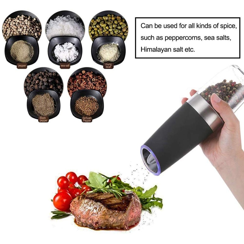 Elektrisk saltpepparkvarn, automatisk pepparkvarn och saltkvarn, bekväm justerbar malningsgrovhet (svart, silver)