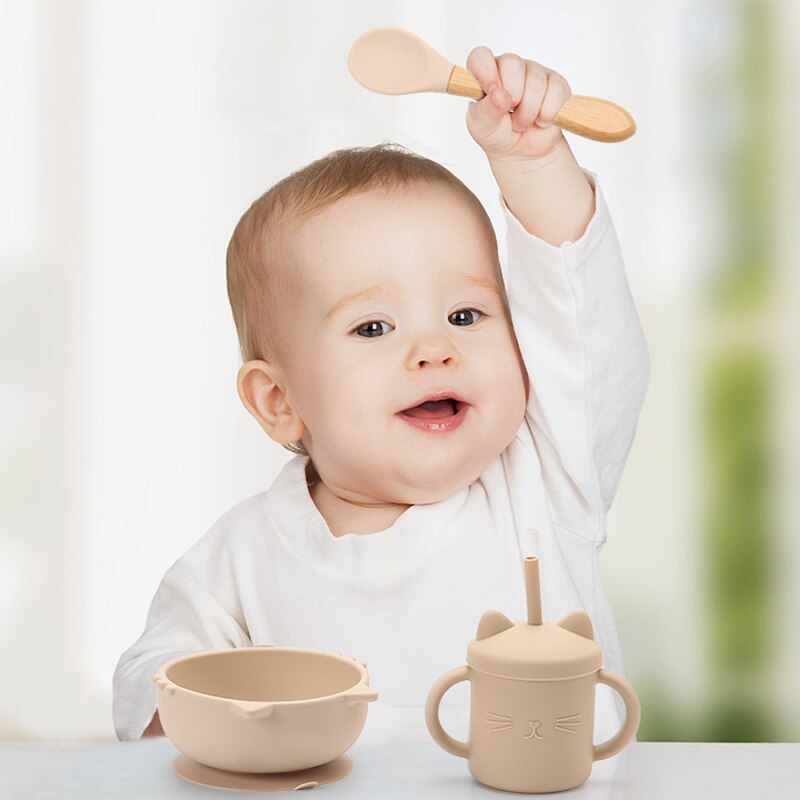 Siliconen Babyvoeding Servies 3 Stks/set Siliconen Zuignap Cup Kat Strokop Kinderen Antislip Keuken Benodigdheden Bpa gratis