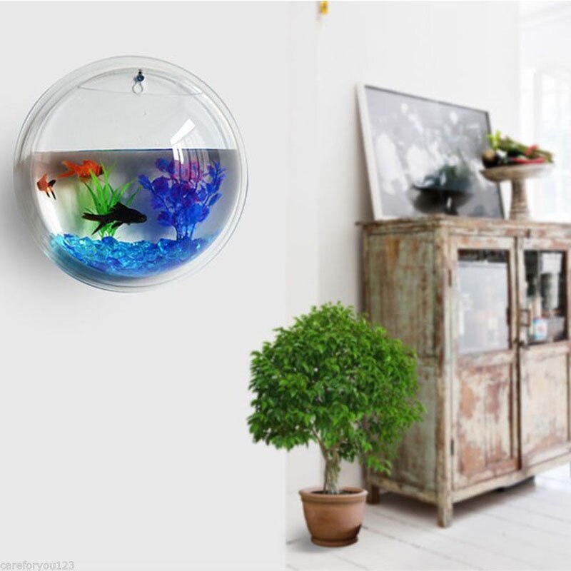 3D Acrylic Wall Mount Hanging Mini Transparent Fish Tank Acrylic Wall Mount Hanger Aquarium Goldfish Hanger Plant Sticker