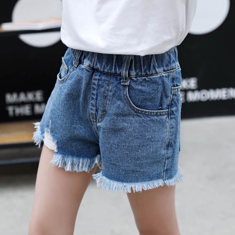 Flickor hål korta jeans barn casual lösa byxor barn sommar shorts för tjej svart tofs jeans fickshorts tjej 3-12y