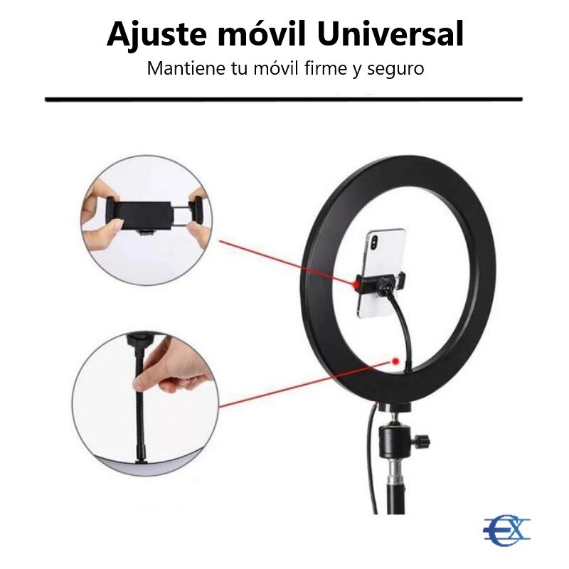 EUROXANTY® Aro de Luz Movil | 26cm 10" | Anillo de luz LED para selfie | Tripode para movil | Aro Luz LED Tripode | Plaza España