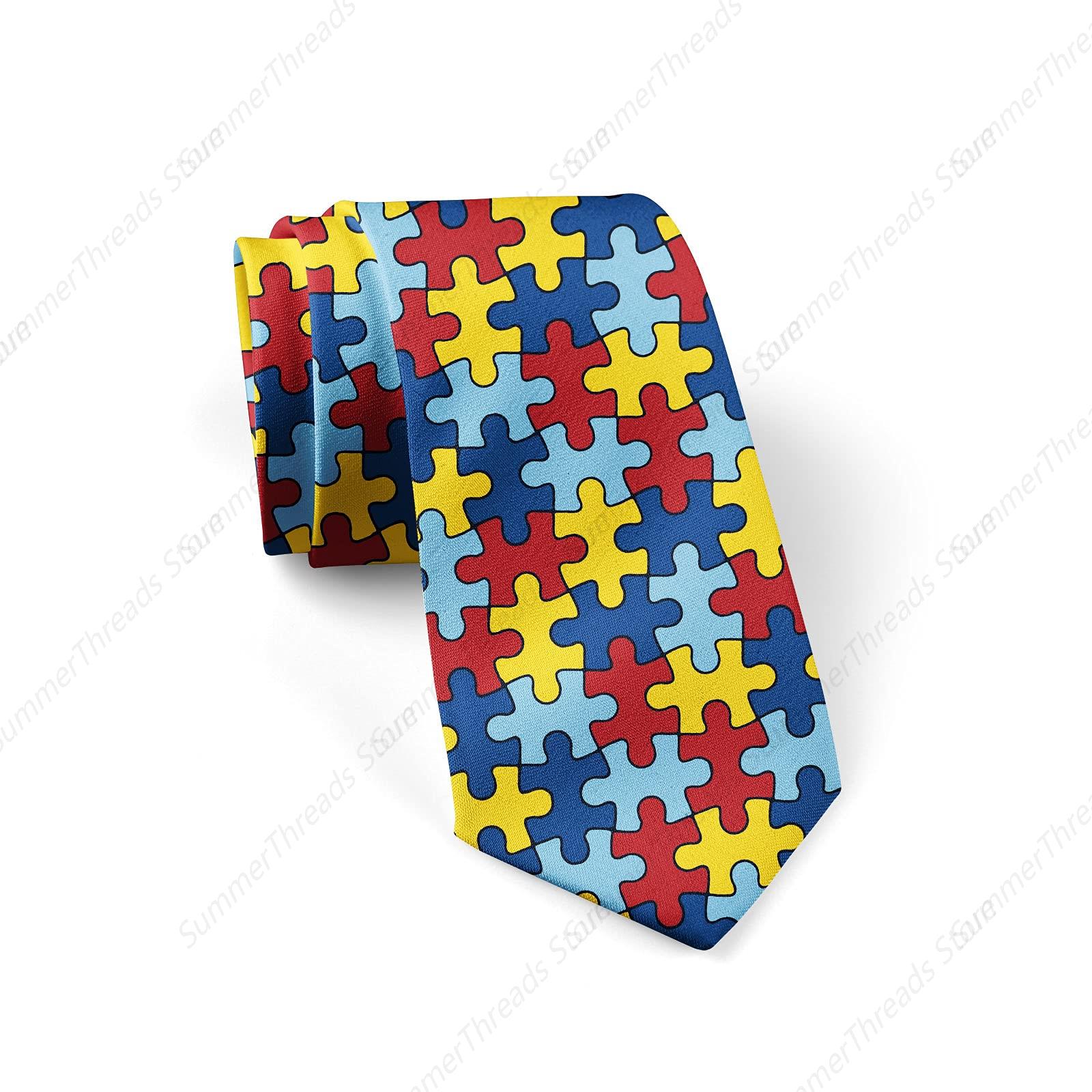 Gravatas masculinas para conscientização do autismo, gravata colorida de peça de quebra-cabeça, estampa de gravata da moda, gravatas de pescoço novidade para todas as roupas: Default Title