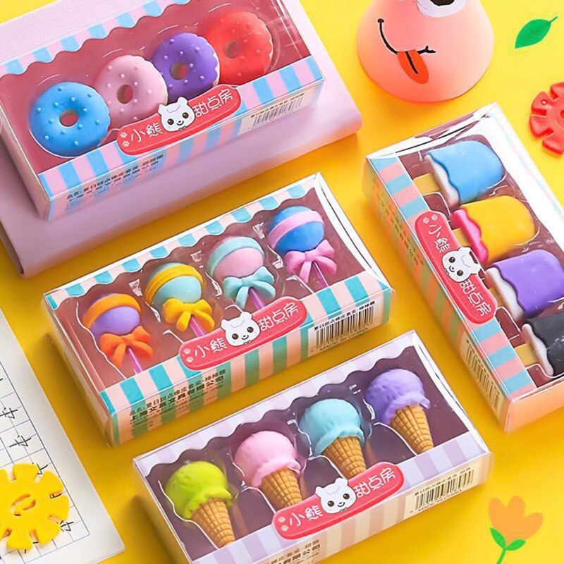 Dessert Erasers Set Mini Rabbit Lollipop Icecream Popsicle Donuts Rubber Pencil Eraser for Kids Funny School Student 4pcs