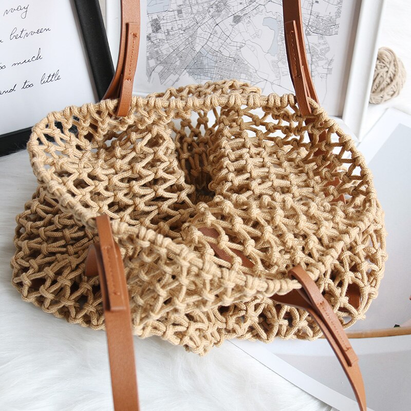 casual hollow rope woven large capacity totes candy color rattan women shoulder messenger bags summer beach handbags lady purses