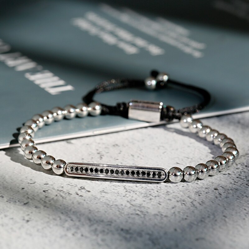 Luxe lange pavé geweven armband met cz zirkonia voor heren en dames, bedelarmband van koperen kralen: Zilver