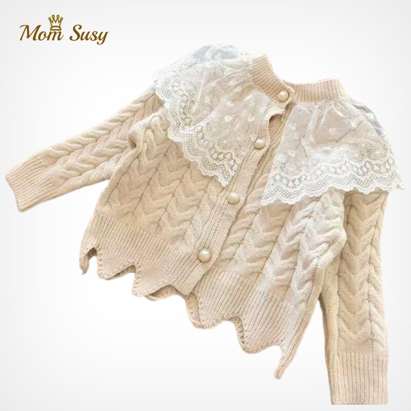 Del bambino del Maglione Delle Ragazze del Cardigan Del Merletto Del Tasto Della Perla Del Collare Toddle Maglione Della Ragazza Cappotto Caldo Molle Bambini Outwear Vestiti di Autunno della Molla 2-12Y
