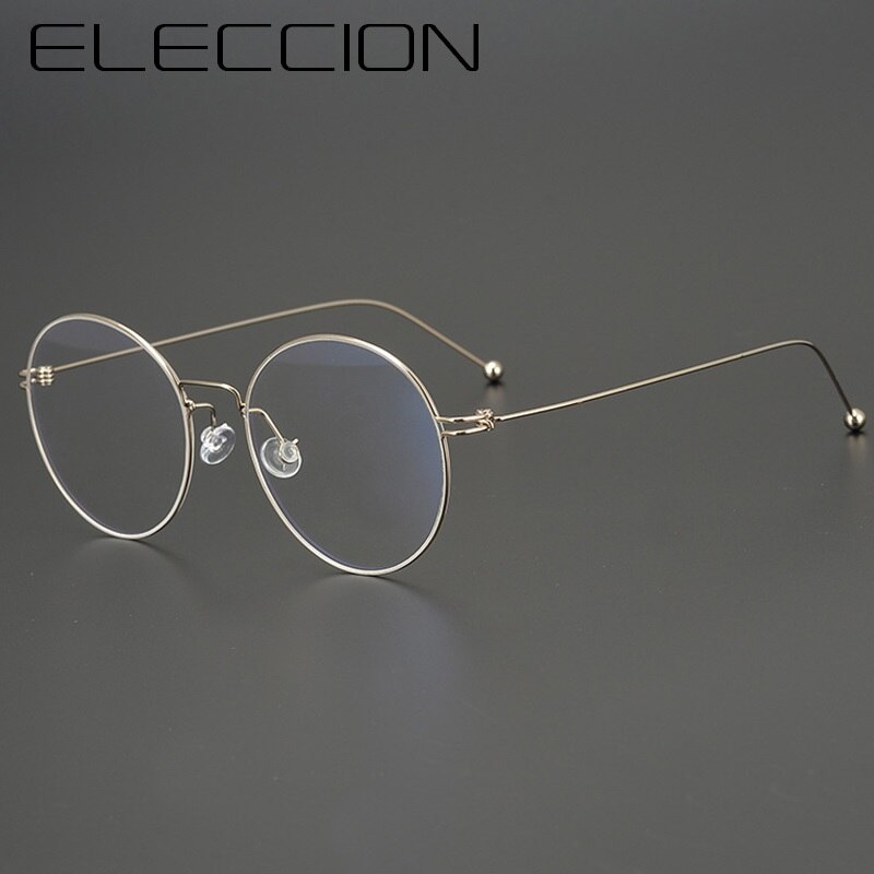 Óculos redondo vintage, armação de titânio puro para miopia, armação de óculos para prescrição óptica masculino, novo óculos sem parafusos, coreia, 2021: C3. Gold Frame