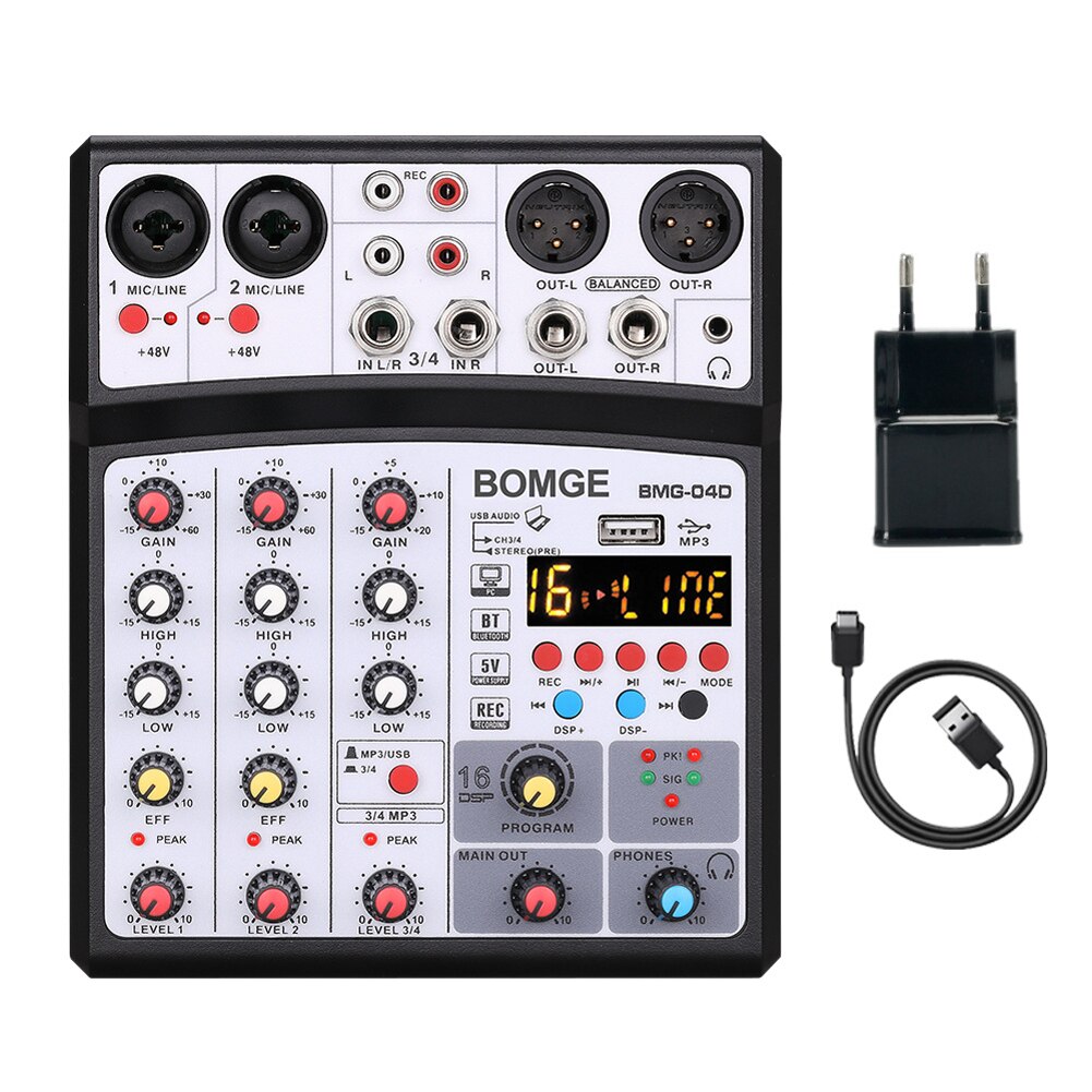 Professionele 4 Kanalen Bt Audio Sound Mixer Multifunctionele Mengen Dj Console Usb 16 Dsp Effecten Mixer Elektrische Muziek Apparatuur: Black EU Plug